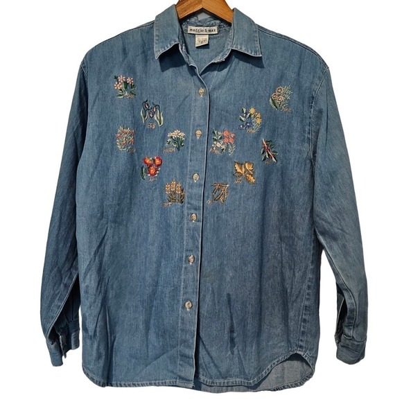 Vintage 90s Maggie & Max Denim Button Down Blouse Size Small Calendar Flowers - Picture 1 of 10